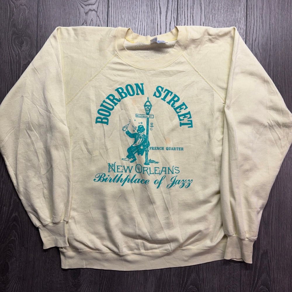 Vintage Tee Jays Bourbon Street New Orleans Jazz Sweatshirt Mens L Yellow USA